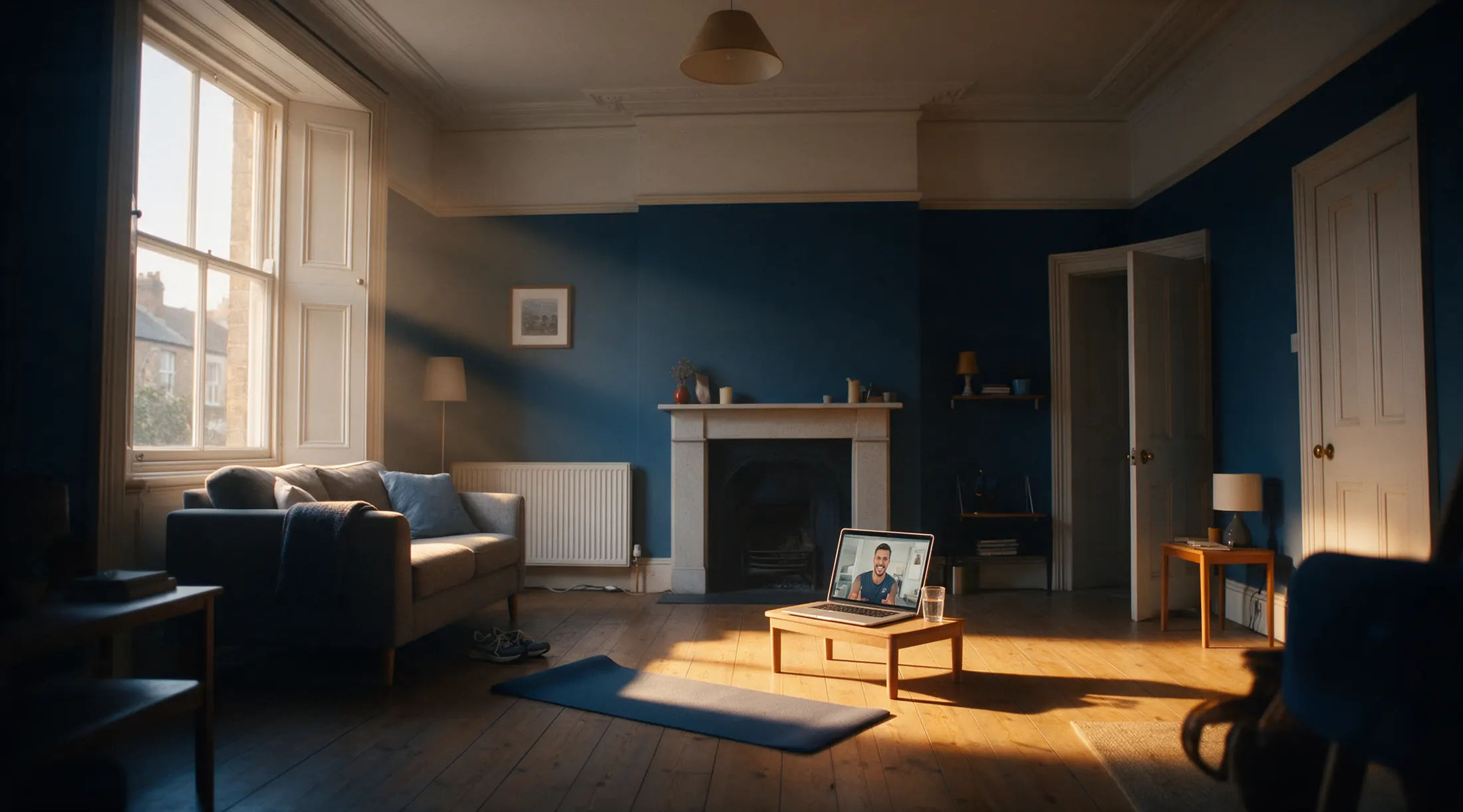 Sunlight across a living room floor. A laptop on a low table shows a video call with a friendly coach.